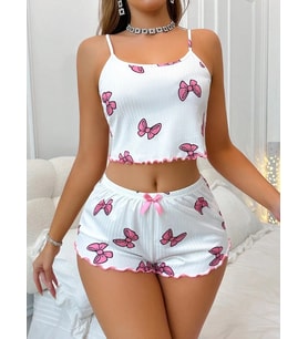 Pilelistore Kadın Fiyonklu Beyaz Şortlu Pijama Takımı (Çok Renkli)