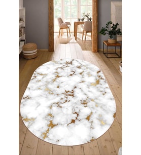 Dijital Baskılı Kaymaz Taban Yıkanabilir Oval Salon Halısı Mutfak Halısı Yolluk NDO-HT-798 (Beyaz)