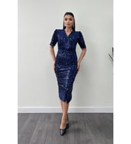 Kadife Payet Ceket Elbise - KOYU LACİVERT