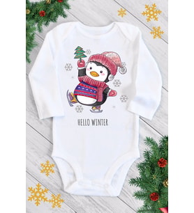 Unisex Bebek Beyaz Tatlı Penguen Uzun Kol Çıtçıtlı Body