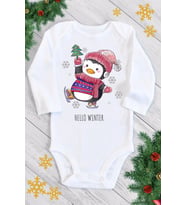 Unisex Bebek Beyaz Tatlı Penguen Uzun Kol Çıtçıtlı Body