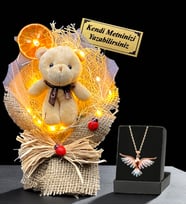 Premium Set - Kişiye Özel İsimli Led Işıklı Buket ve Renkli Zümrüdü Anka Kuşu Kolyesi (Model 7)