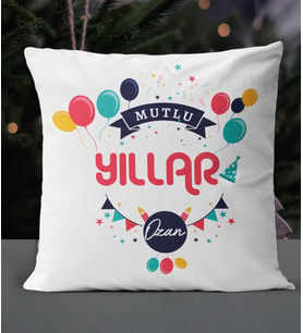 Kişiye Özel Mutlu Yıllar Tema Saten Kare Yastık (Beyaz)