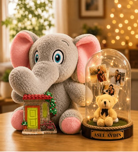 Kişiye Özel 3 Fotoğraflı Yazılı LED Işıklı Peluş Ayıcıklı Fanus, Peluş Sevimli Fil ve Magnet Hediye Seti