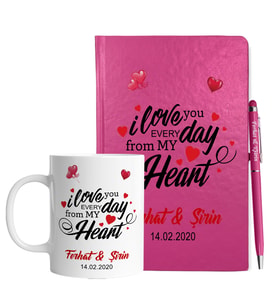 Sevgililer Gününe Özel Pembe Defter Kalem & Kupa Hediye Seti 8
