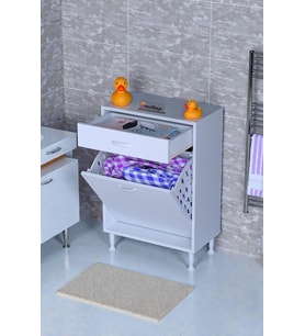 Eliusta Asil 55 cm Kirli Çamaşır Sepetli Banyo Dolabı 1 Çekmeceli Mutfak Çok Amaçlı Dolap 55x88x32,5 cm (Beyaz)