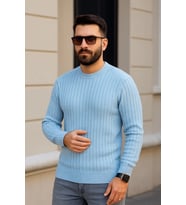 Erkek Bisiklet Yaka Triko Kazak Pamuklu Kalın Fitilli Dokuma - Bebe Mavisi