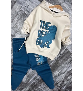 Erkek Çocuk Önü Yazı Ve Dino Baskılı Kapşonlu Sweatshirt 3 İplik Mavi Eşofman Ta