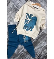 Erkek Çocuk Önü Yazı Ve Dino Baskılı Kapşonlu Sweatshirt 3 İplik Mavi Eşofman Ta