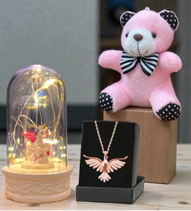 Premuim Hediye Seti Anka Kuşu Kolye, Peluş Anahtarlık ve Led Işıklı Fanus (Model 2)