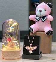Premuim Hediye Seti Anka Kuşu Kolye, Peluş Anahtarlık ve Led Işıklı Fanus (Model 2)