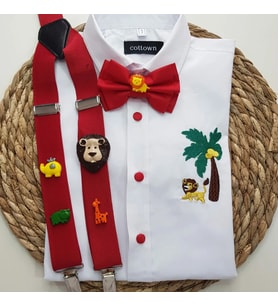 cool partyshop kırmızı saferi konseptli erkek çocuk askı papyon gömlek