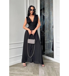 Neşeli butik kadın düğme detaylı kolsuz tasarım elbise NBEMP2774 (Siyah)