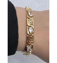 Kararmaz Renk Atmaz 14K Gold Renk Vintage Greek Desenli Baget Taşlı Kadın Çelik Bileklik