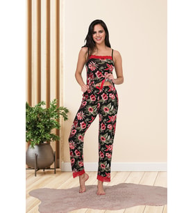 Kadın Çiçek Desenli Pamuklu Likralı Siyah Askılı Dantel Detaylı Pijama Takımı 28454