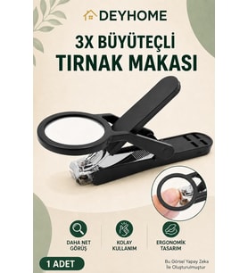 3X Büyüteçli Paslanmaz Çelik Tırnak Makası, Törpülü ve Sıçrama Önleyici, Rahat Tutuşlu Siyah