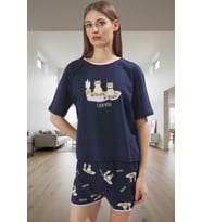 Kadın %100 Pamuklu Kısa Kollu Bisiklet Yaka Pijama Takımı Rahat Kullanım Uzun Ömürlü Modern Stil (Lacivert)