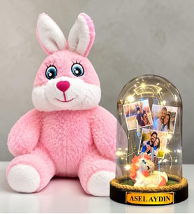 Kişiye Özel 3 Fotoğraflı LED Işıklı Fanus ve Pembe Peluş Tavşan Hediye Seti ( unicornlu )