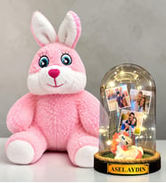Kişiye Özel 3 Fotoğraflı LED Işıklı Fanus ve Pembe Peluş Tavşan Hediye Seti ( unicornlu )