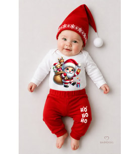 BABYDEN'S Bebek Yılbaşı Noel Kıyafeti 3’lü Set ,Santa Baskılı Uzun Kollu Body, Kırmızı Fitilli Pantolon,Şapka (Yılbaşı Kırmızısı)