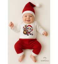 BABYDEN'S Bebek Yılbaşı Noel Kıyafeti 3’lü Set ,Santa Baskılı Uzun Kollu Body, Kırmızı Fitilli Pantolon,Şapka (Yılbaşı Kırmızısı)