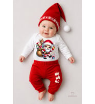 BABYDEN'S Bebek Yılbaşı Noel Kıyafeti 3’lü Set ,Santa Baskılı Uzun Kollu Body, Kırmızı Fitilli Pantolon,Şapka (Yılbaşı Kırmızısı)