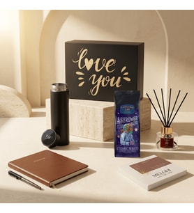 Kişiselleştirilebilir Seni Seviyorum Coffee & Love Edition Hediye Kutusu, Termos Defter Kalem Oda Kokusu