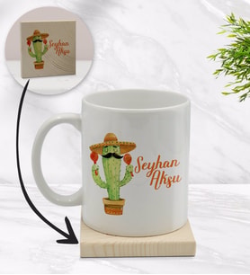BK Gift Kişiye Özel Kaktüs Tasarımlı Beyaz Kupa Bardak ve Ahşap Bardak Altlığı Hediye Seti - Model 7