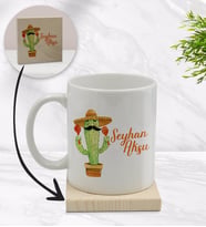 BK Gift Kişiye Özel Kaktüs Tasarımlı Beyaz Kupa Bardak ve Ahşap Bardak Altlığı Hediye Seti - Model 7