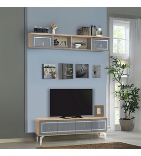 Vina Tv Sehpası Atlantik Çam Antrasit Gümüş Şeritli 4 Kapaklı Sehpa 160x36x50 Cm