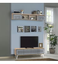 Vina Tv Sehpası Atlantik Çam Antrasit Gümüş Şeritli 4 Kapaklı Sehpa 160x36x50 Cm