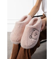 Ayıcık Desenli Nakışlı  Kışlık Unisex Ev Terliği  Kaydırmaz Taban (Pudra Pembe)