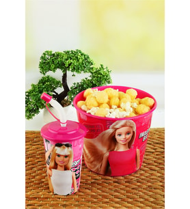 Barbie Mısır & Popcorn Kutusu+Kapaklı Pipetli Bardak 400 ml.