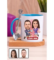 Eşe Yıldönümü Hediyesi Karikatürlü Ahşap Altlıklı Mavi Kupa Bardak