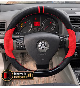 Vw Scirocco 3 Dikme Direksiyon Kılıfı Parlak Siyah Kırmızı Detaylı Kırmızı Çift Yüzük ve Dikiş 2008-2009