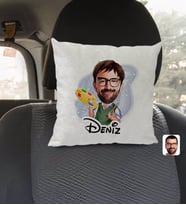 BK Gift Kişiye Özel İsimli Erkek Ressam Karikatürlü Kare Araç Koltuk Yastığı-1