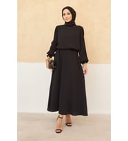 Kolları Piliseli Etek Tunik Takım - Siyah