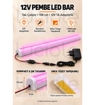 Luciole 100 CM ColorBar Pembe LED Bar 12V 12W Adaptörlü Anahtarlı Yapışkanlı Tezgah Altı Dolap İçi Aydınlatma
