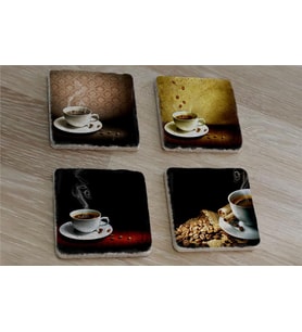 Bardakta Sıcak Kahveler Doğal Taş Bardak Altlığı 4'lü set - Natural Stone Coasters