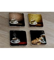 Bardakta Sıcak Kahveler Doğal Taş Bardak Altlığı 4'lü set - Natural Stone Coasters