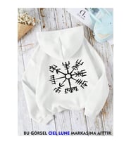 Unisex  Viking Pusula Vegvisir Baskılı Oversize Baskılı Kapşonlu Sweatshirt 3 Iplik (Beyaz)