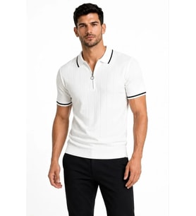 Erkek Fitilli Triko T-shirt Polo Yaka Yarım Fermuarlı Kısa Kollu Tişört - Beyaz