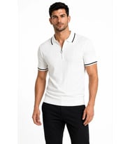 Erkek Fitilli Triko T-shirt Polo Yaka Yarım Fermuarlı Kısa Kollu Tişört - Beyaz