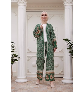Kadın ithal kumaş tesettür kimono takım SMS020 - Yeşil