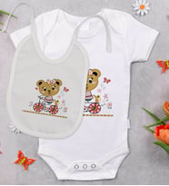 BK Kids Sevimli Ayı Tasarımlı Bebek Body Zıbın ve Mama Önlüğü Hediye Seti - Model 2