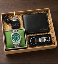 Kişiye Özel Green Prestige Erkek Hediye Seti (Erkek Yeşil Kadran Kol Saati & Cüzdan & Benzinli Çakmak & Kancalı Anahtarlık & Hediye Seti)