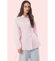 Kadın Uzun Kollu Gömlek Yaka Dokuma Basic Kalıp Terrycotton Kumaş Günlük Kullanım Hafta Sonu (Açık Pembe)