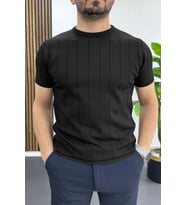 Erkek Bisiklet Yaka Çizgili Tişört Siyah Edw456