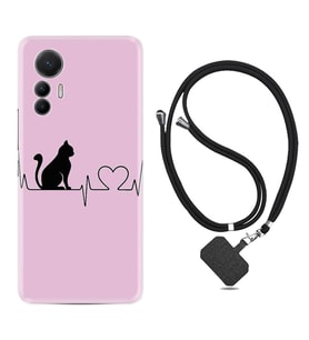 Xiaomi 12 Lite Kılıf Resimli Boyun Askılı İpli Desenli Silikon Pink Cat Heart 1303