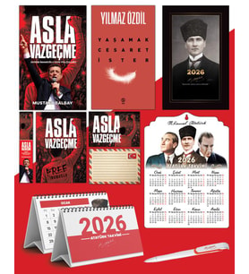 Asla Vazgeçme - Ayraç - Kartpostal - Poster - Yaşamak Cesaret İster -  2026 Ajanda Kalpaklı - Ata Ahşap Duvar Takvimi - Masa Takvimi